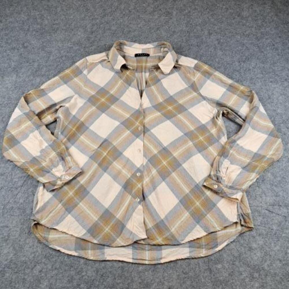Maven West Shirt Womens Large Tan Plaid Button Long Sleeve USA Boho Classic Top